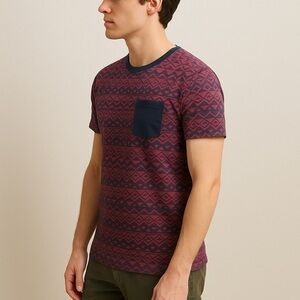 Beautiful Giant Boho Maroon and Blue Geometric‎ Short Sleeve Tee Size XL